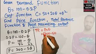 given demand amp cost function find price function total revenue function amp profit Maximizing output [upl. by Burch133]