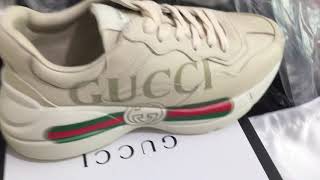 Real VS Fake Comparison Gucci Rhyton Print Leather Vintage Logo Sneakers Unboxing Review [upl. by Arimihc193]