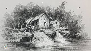 How to draw Watermill Scenery Art [upl. by Idolah]