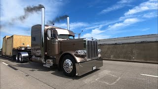 600hp stretched out peterbilt 379 18 speed shifting and LOUD JAKES [upl. by Granger]