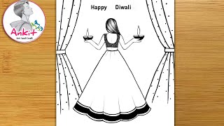 Beautiful Diwali Drawing EasyDiwali Festival Scenery Drawing For Beginners Diwali competition 2024 [upl. by Adnoel]