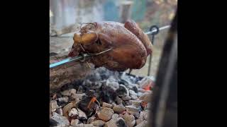 Cooking a Turkey with mesquite wood charcoal smoke chips with a rotisserie kit on a La Cana China [upl. by Acysej173]