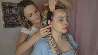 ASMR Perfectionist Festival Twin Braid Hairstyle With Tinsel Extensions  Wax Mini Combing amp Makeup [upl. by Rabka125]