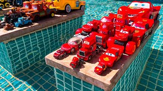 Disney Pixar Cars falling into deep pool Lightning McQueen Tow Mater Mack Sally Francesco [upl. by Eidob286]