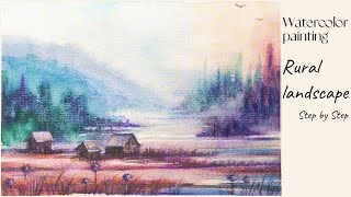 Watercolor painting tutorial step by step 🌤️Rural landscape [upl. by Hildagarde]