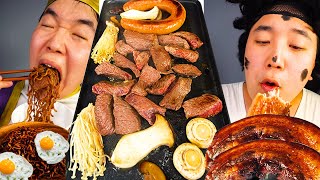 ASMR MUKBANG  black bean noodles Kielbasa Sausages enoki mushroom recipe eating [upl. by Gokey]