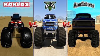 ROBLOX MONSTER TRUCK VS GTA 5 MONSTER TRUCK VS GTA SAN ANDREAS MONSTER TRUCK  WHICH IS BEST [upl. by Jeb]