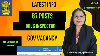 Drug Inspector Vacancy  87 posts  BPharm Freshers  Latest Information Drug Inspector Recruitment [upl. by Etireugram]