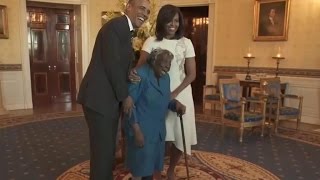 Watch 106yearold womans priceless reaction to meeting the Obamas [upl. by Ahsercal]