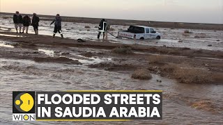 Flooded streets in Saudi Arabia rain alert in Madinah Tabuk amp Jeddah  English News  WION [upl. by Anerol]