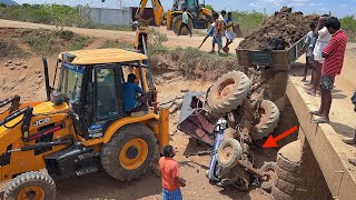 Powertrac Euro 50 Tractor Accident on Risky canal Bridge Pulling Out by 2JCB 3DX [upl. by Victorine]