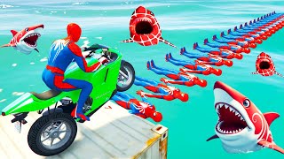 Superheroes on a motorcycle ride over the sea along the SpiderMan Bridge GTA 5 [upl. by Nored]