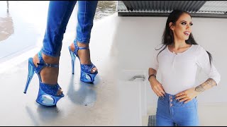 Review Walking In Pleaser Moon710GT Blue Glitter Tinted 7 Inch High Heel Platform Shoes With Rose [upl. by Tj620]