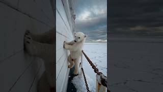 A hungry polar bear cub asks for food from a sailor on a boat animals oceanmysteries [upl. by Ennywg757]