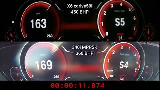 BMW 340i M Performance 360 bhp vs BMW X6 xdrive50i 450 bhp 0250 Kmh [upl. by Zinck]