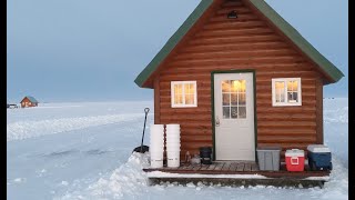 Ice fishing in a log cabin Glamping on Lake of the Woods day 3 at Bostic Bay Luxury Ice Cabins [upl. by Adnov]