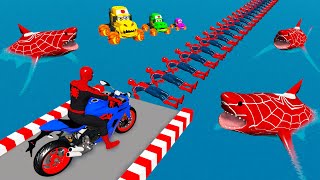 Superheroes on a motorcycle ride over the sea along the SpiderMan Bridge vs Mcqueen in BeamNG 2 [upl. by Nibbor]