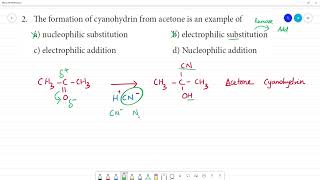 The formation of cyanohydrin from acetone is an example of a nucleophilic substitution [upl. by Nlocnil162]