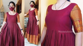 శారీతో ఫ్రిల్ మోడల్ లాంగ్ ఫ్రాక్  Frill model long frock cutting amp stitching  Long frock cutting [upl. by Eisdnyl]