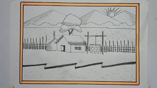 Village scenery drawing for kids with pencil  easy scenery for beginners [upl. by Beth513]