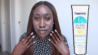 Coppertone Face Sunscreen Oil Free SPF 50 Sunscreen on Dark Skin  TamunoAbbey [upl. by Funk670]