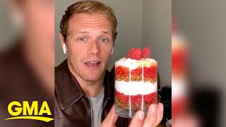 Sam Heughan is cooking cranachan with Ginger Zee  GMA [upl. by Harahs]