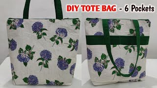 DIY TOTE BAG  6 POCKETS  How to a make cloth bags at home  Bag making  How to make a bag at home [upl. by Eyoj]