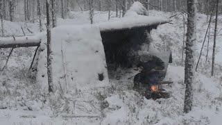 Bushcraft Winter Camping  Natural Shelter in Windy Snowy Conditions [upl. by Yenaiv183]