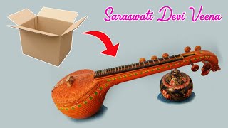 How To Make Veena By Cardboard  Saraswati Puja Special Craft  The Art Mind [upl. by Atisusej]