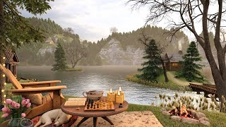 Spring Morning in Cozy Forest Ambience with Relaxing Birdsong Lake Waves and Campfire Sounds [upl. by Airdnahc]