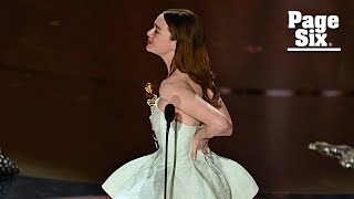 Emma Stone suffers wardrobe malfunction before Oscars acceptance speech blames Ryan Gosling [upl. by Reamonn]