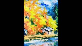 quotAu bord de leauquot  tableau peinture impressionniste paysage cabane arbres dautomne et lac bleu [upl. by Heaps]