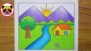 Scenery Drawing  How to Draw Beautiful Landscape Scenery  Village Scenery Drawing Easy  Scenery [upl. by Tadeas296]