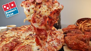 MUKBANG EATING DOMINOS SAUCY PAN PEPPERONI PIZZA BUFFALO WINGS ARBYS CRISPY CURLY FRIES ASMR [upl. by Mart]