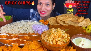 Eating Spicy🔥 Shahi Paneer Jeera Rice Chole Masala Puri Soupy Macaroni Spicy Chips  Food Show [upl. by Adniled]