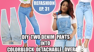 DIY Convert Old Jeans Into Detachable DungareeOveralls Renu Shrestha  Refashion Ep 31 [upl. by Aehtna]