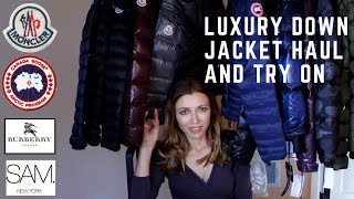 DESIGNER DOWN JACKET TRY ON HAUL I MONCLER CANADA GOOSE BURBERRY SAM [upl. by Llerad]