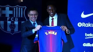 Barcelona unveil new signing Colombian defender Yerry Mina [upl. by Meingolda]