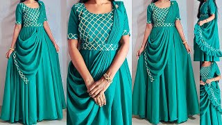 Saree style dress cutting amp stitchingparty wear dressreadymade style frockgown cutting stitching [upl. by Heshum]