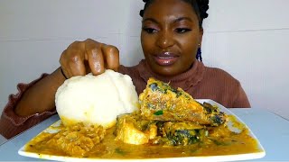 Asmr mukbang cocoyam soup with poundo yam fufu Nigerian food [upl. by Ylecic]