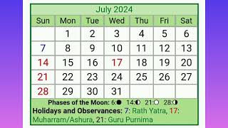 July 2024 Calendar  Jul 2024 Calendar  Indian Calendar With Holidays List  July 2024 Planner 🇮🇳 🗓 [upl. by Shiri]