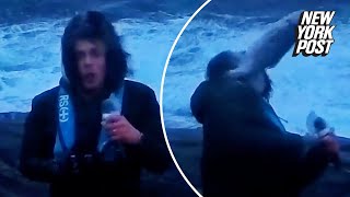 WATCH Fish hits weatherman in the face amid Norway’s worst storm in 30 years [upl. by Lemcke506]