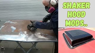 Modifying the replacement hood for the shaker hood scoop Cobra jet 45 mustang howto diy [upl. by Nwonknu]