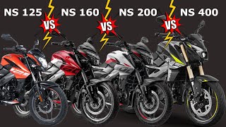 Bajaj Pulsar NS125 vs NS160 vs NS200 vs NS400 Comparison Video  Bajaj Pulsar NS Series Comparison [upl. by Atiuqrehs879]