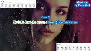 Maneater capo 2 by Daryl Hall play along with scrolling guitar chords and lyrics [upl. by Shields927]