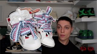 TOO GOOD LANVIN Leather Curb Sneaker Light Grey Blue Red Review  ON FOOT [upl. by Heimlich]