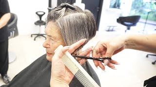 ANTI AGE HAIRCUT OVER 70  SHORT BOB UNDERCUT PIXIE GREY HAIR TRANSFORMATION [upl. by Atir]