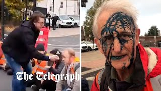 Insulate Britain protesters sprayed with ink as they block roads into London [upl. by Loredo]