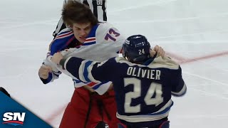 Rangers Matt Rempe Meets His Match In Wicked Fight With Blue Jackets Mathieu Olivier [upl. by Ilagam433]