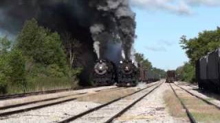 Pere Marquette 1225 and Nickel Plate Road 765 run side by side [upl. by Ramad398]